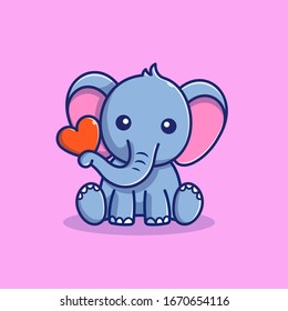 Cute Elephant Hold Love Vector Icon Illustration. Elephant Mascot Cartoon Character. Animal Icon Concept White Isolated. Flat Cartoon Style Suitable for Web Landing Page, Banner, Flyer, Sticker, Card