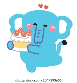 Cute elephant hold strawberry cake.Heart.Bakery.Sweet and dessert.Birthday cake.Wild animal character cartoon design.Kawaii.Vector.Illustration. 