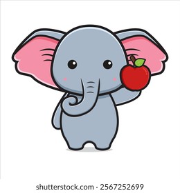 Cute elephant holding apple character cartoon icon illustration. Design isolated flat cartoon style