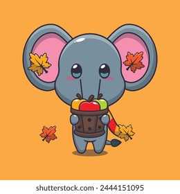 Cute elephant holding a apple in wood bucket. Mascot cartoon vector illustration suitable for poster, brochure, web, mascot, sticker, logo and icon.
