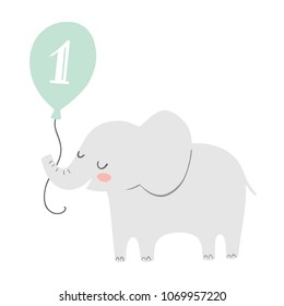 Cute elephant holding a balloon with number one on it. Illustration for first birthday card or party invitation.
