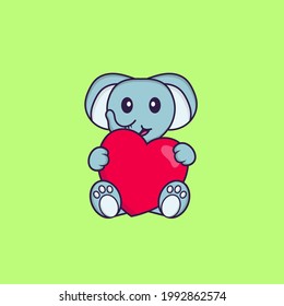 Cute elephant holding a big red heart. Animal cartoon concept isolated. Can used for t-shirt, greeting card, invitation card or mascot.