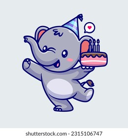 Cute Elephant Holding Birthday Cake Cartoon Vector Icon Illustration. Animal Food Icon Concept Isolated Premium Vector. Flat Cartoon Style