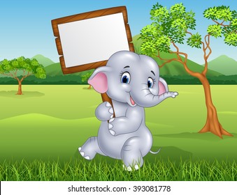 Cute elephant holding blank sign in the jungle