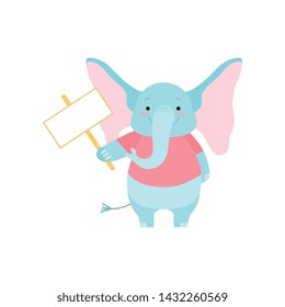 Cute Elephant Holding Blank Signboard, Funny Animal Cartoon Character Vector Illustration