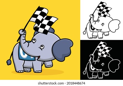 Cute elephant holding checkered flag. Vector cartoon illustration in flat icon style