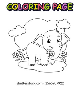 Cute Elephant holding flower, vector cartoon for kids coloring book and page