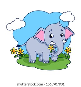 Cute Elephant holding flower, vector cartoon illustration