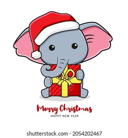 Cute elephant holding gift greeting merry christmas and happy new year cartoon doodle card background illustration design flat cartoon style