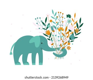 Cute Elephant Holding Huge Bunch Of Flowers. Greeting Card. Vector Flat Illustration