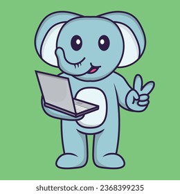 Cute elephant holding laptop. Animal cartoon concept isolated. Can used for t-shirt_ greeting card_ invitation card or mascot.