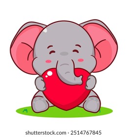 Elefante bonito segurando o vetor de desenhos animados do amor. Adorável e design de conceito de animal kawaii. Mascote, ícone, ilustração de logotipo. Fundo branco isolado