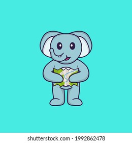 Cute elephant holding a map. Animal cartoon concept isolated. Can used for t-shirt, greeting card, invitation card or mascot.