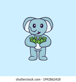 Cute elephant holding money. Animal cartoon concept isolated. Can used for t-shirt, greeting card, invitation card or mascot.