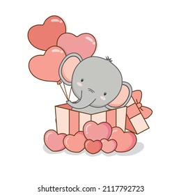 Cute Elephant holding pink ballon and sit in the gift box. Valentines day greeting card.