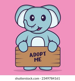 Un elefante lindo con un afiche, Adopta a mí. El concepto de caricatura animal aislado. Puede utilizarse para camisetas, tarjetas de felicitación, tarjetas de invitación o mascota