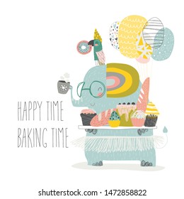 Cute elephant holding tray with homemade bakery. Vector illustration