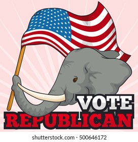 Cute elephant holding a waving flag of U.S.A. and supporting the Republican vote.