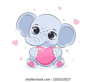 A cute elephant holds a heart in his hands. Valentine's day. Vector illustration of a cartoon.