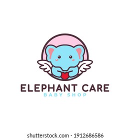 Cute Elephant Hugging Heart Care Logo Mascot Baby Shop