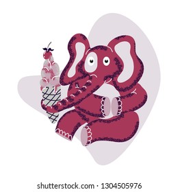 Cute elephant with ice cream cartoon hand drawn vector illustration. Can be used for baby t-shirt print, fashion print design, kids wear, baby shower celebration greeting and invitation card.