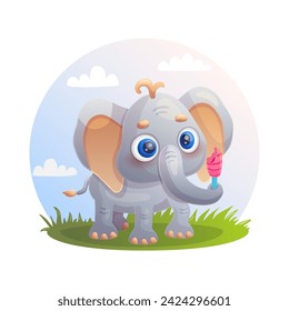 Cute elephant with ice cream. Vector illustration.