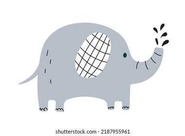 Cute elephant icon. Small baby elephant releases water from its trunk. African animals, tropical savanna. Wild life and habitat. Toy and mascot for children. Cartoon flat vector illustration