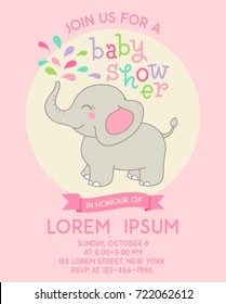 Cute Elephant Illustration For Girl Baby Shower Card Template