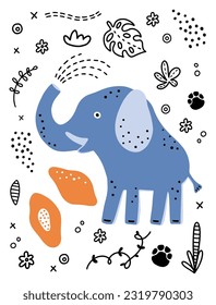 Cute elephant illustration. Jungle animals vector clipart.