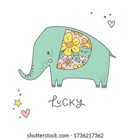 Cute elephant illustration for kids room decor, nursery, greeting card, invitations, clothing. Hand drawn elephant character with floral pattern and stars.