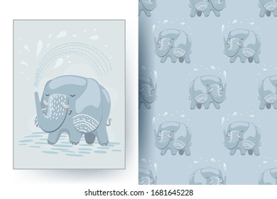 Cute elephant illustration and seamless pattern for kids.
