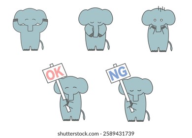 Cute elephant illustration set of 5 poses
