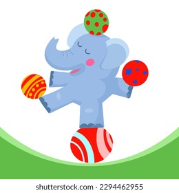 Cute elephant juggling balls in circus. Illustration in cartoon style. Isolated character for design on white background. Vector illustration.