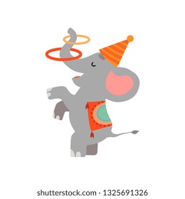 Cute Elephant Juggling with Hoops, Funny Animal Performing in Circus Show Vector Illustration