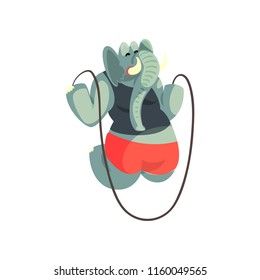 Cute elephant jumping with skipping rope, sportive animal character, fitness and healthy lifestyle vector Illustrations on a white background