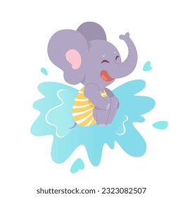 Cute elephant jumping in water splash vector illustration. Cartoon isolated crazy baby animal in bathing suit playing in fountain or water spray, happy little funny character swimming on beach party