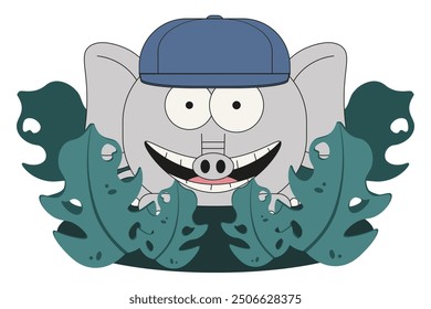 Cute Elephant in jungle. Flat minimalism style Elephant design isolated white background. Jungle summer theme. Vector illustration for child t-shirt print. EPS 10