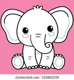 Cute Elephant, Kawaii Elephant black and white outline for coloring book.