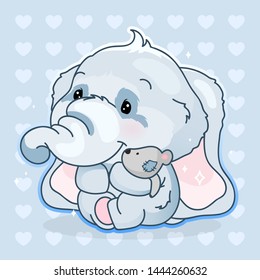 Cute elephant kawaii cartoon vector character. Adorable and funny animal hugging plush soft toy isolated sticker, patch. Anime baby boy elephant emoji on blue background
