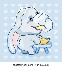Cute elephant kawaii cartoon vector character. Adorable and funny, happy animal eating bananas isolated sticker, patch. Anime baby boy elephant emoji on blue background