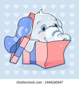Cute elephant kawaii cartoon vector character. Adorable and funny animal in gift box with bow isolated sticker, patch. Anime baby elephant birthday present, surprise emoji on blue background