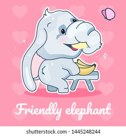 Cute elephant kawaii character social media post mockup. Friendly elephant lettering. Positive poster template with animal eating banana. Social media content layout. Print, kids book illustration