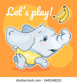 Cute elephant kawaii character social media post mockup. Lets play lettering. Positive poster, card template with zoo running animal. Social media content layout. Print, kids book illustration