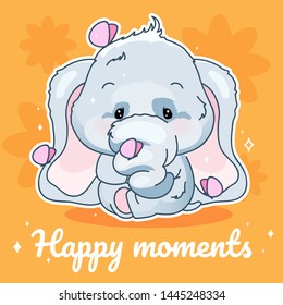 Cute elephant kawaii character social media post mockup. Happy moments lettering. Positive poster, card template with adorable animal. Social media content layout. Print, kids book illustration