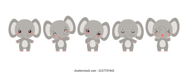 Echte Elefanten kawaii Stil. Elefanten des Babys haben verschiedene Emotionen. Schöne kleine Elefant für Kinder-Projekte.