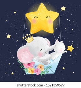 Cute elephant with kitty flying in space