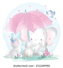 Cute elephant and kitty illustration