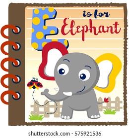 Cute elephant with ladybug in notebook frame, education cartoon for kids, vector cartoon illustration