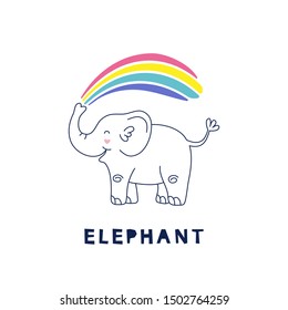 Cute elephant launches a rainbow. Isolated illustration on a white background for children. Design for kids print, postcard, t-shirt print, poster. Vector illustration in lines.