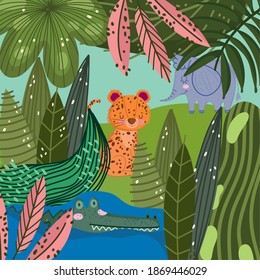 cute elephant leopard and crocodile in the water foliage nature cartoon vector illustration